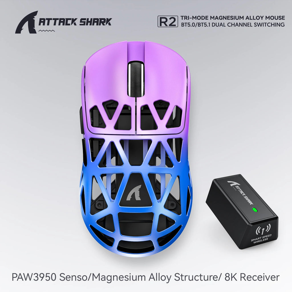 Геймърска безжична мишка Attack Shark R2 PAW3950, изработена от магнезиева сплав, 8K, лека, Bluetooth, трирежимна, за игри/офис