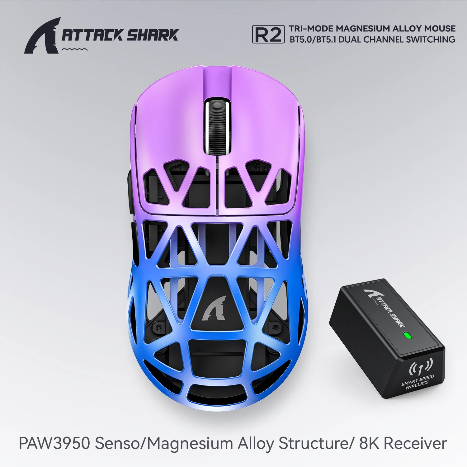 Геймърска безжична мишка Attack Shark R2 PAW3950, изработена от магнезиева сплав, 8K, лека, Bluetooth, трирежимна, за игри/офис