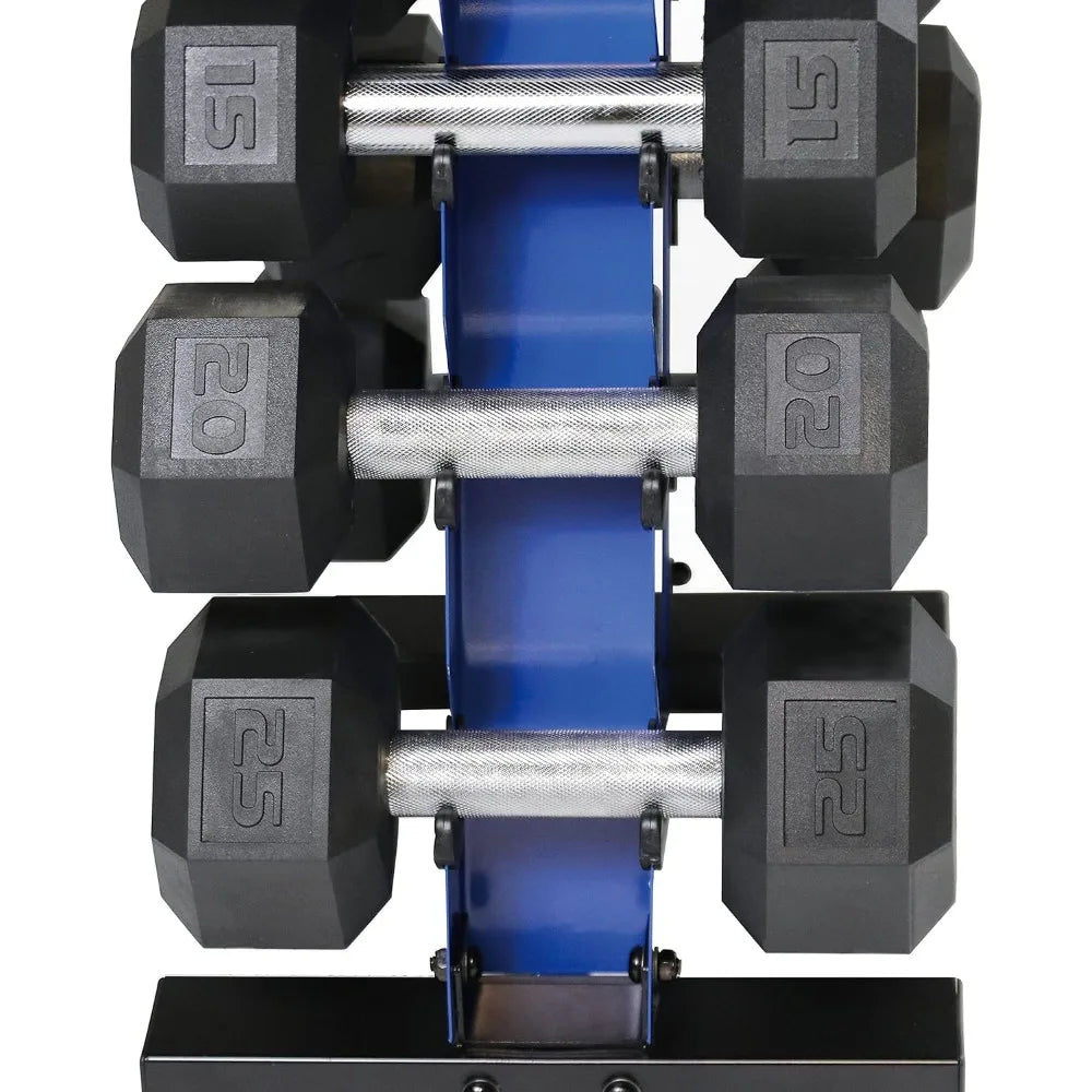 Rubber-Coated Hex Dumbbells Set 5-25Lb with A-Frame Storage Rack for Strength and Muscle Toning