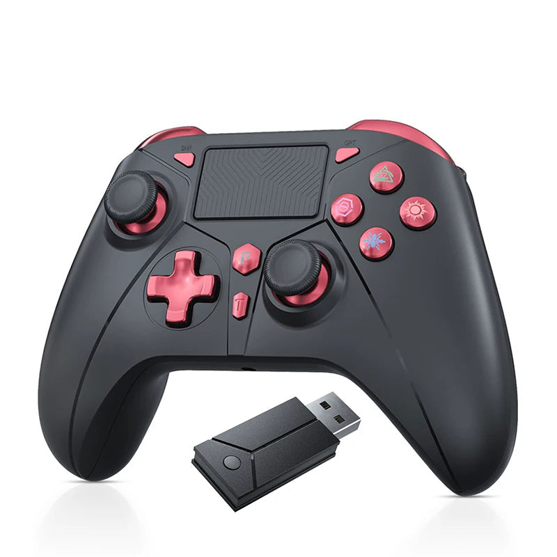 Black gaming controller with red accents and a USB adapter on a white background, featuring text for compatibility with various devices.