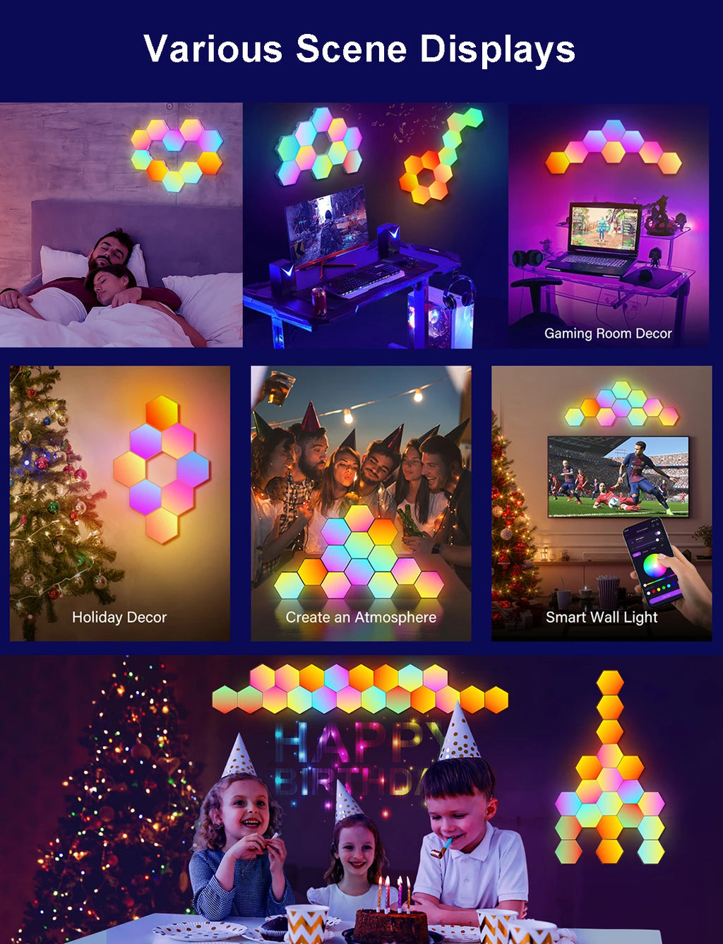 Fivemi RGB Smart Hexagonal Wall Lamp Color Changing Ambient Night Light Hexagonal DYI Music Rhythm APP Control Game Room Bedroom