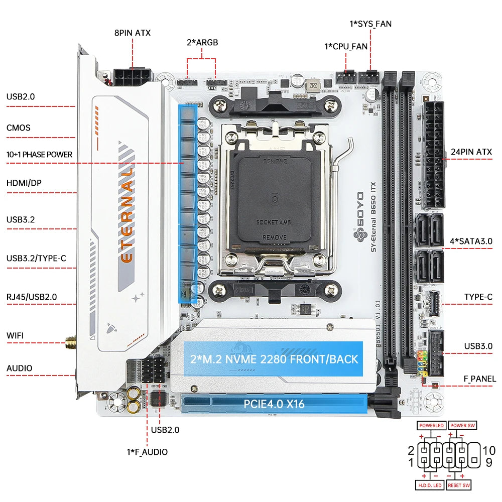 SOYO B650ITX AMD Motherboard AMD Ryzen AM5 DDR5 Supports CPU 7000 8000 9000 Processors Pcie5.0x16 Pcie4.0x4 M.2 ARGB WIFI6
