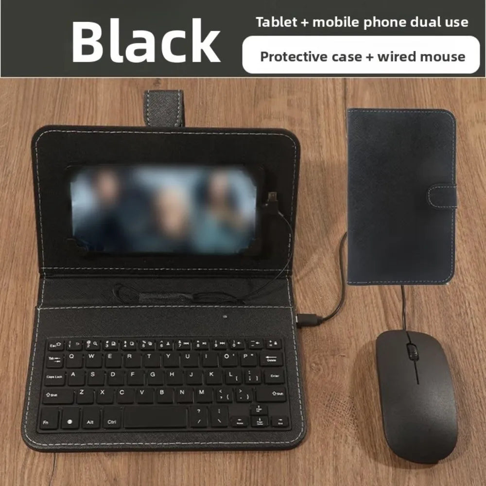 Portable Keyboard Mouse Set Type C & Micro Available PU Leather Shell Phone Holder Bluetooth Mouse Home Work Keyboard
