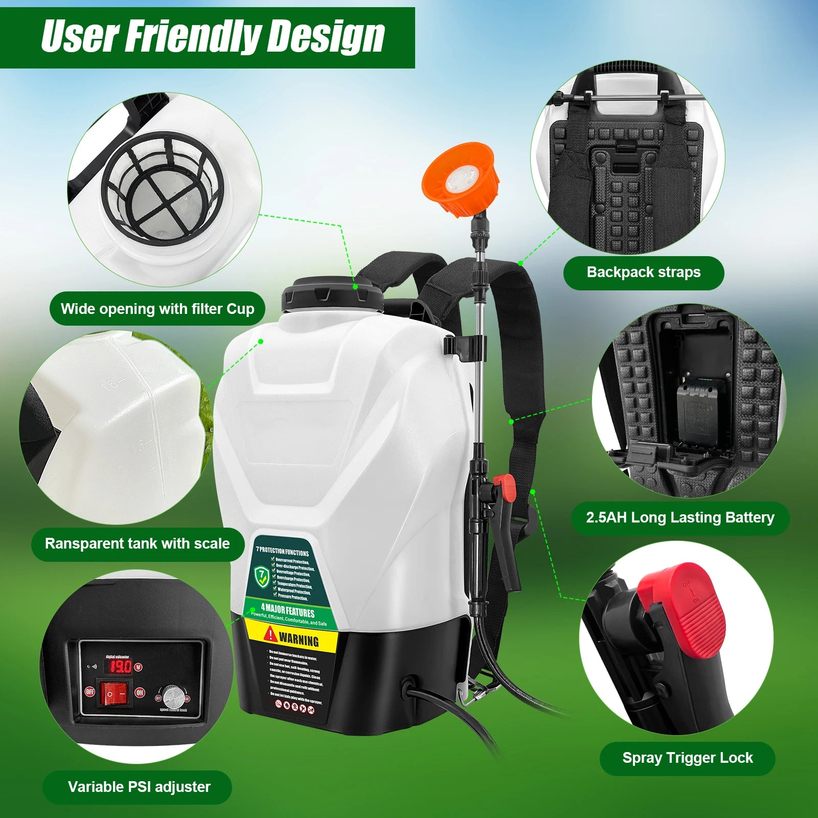 4 Gallon Backpack Sprayer 16L Battery Powered Garden Sprayer 75 PSI Electric Sprayer 2.5Ah Battery&Charger included