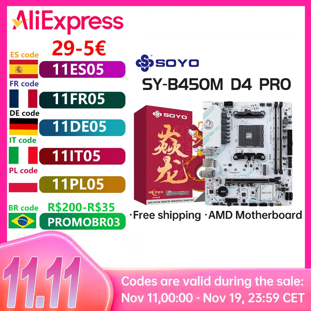 SOYO AMD B450M Game Motherboard DDR4 Memory AM4 Mainboard M.2 NVME Desktop Computer components Supports CPU AMD AM4 Ryzen 5600