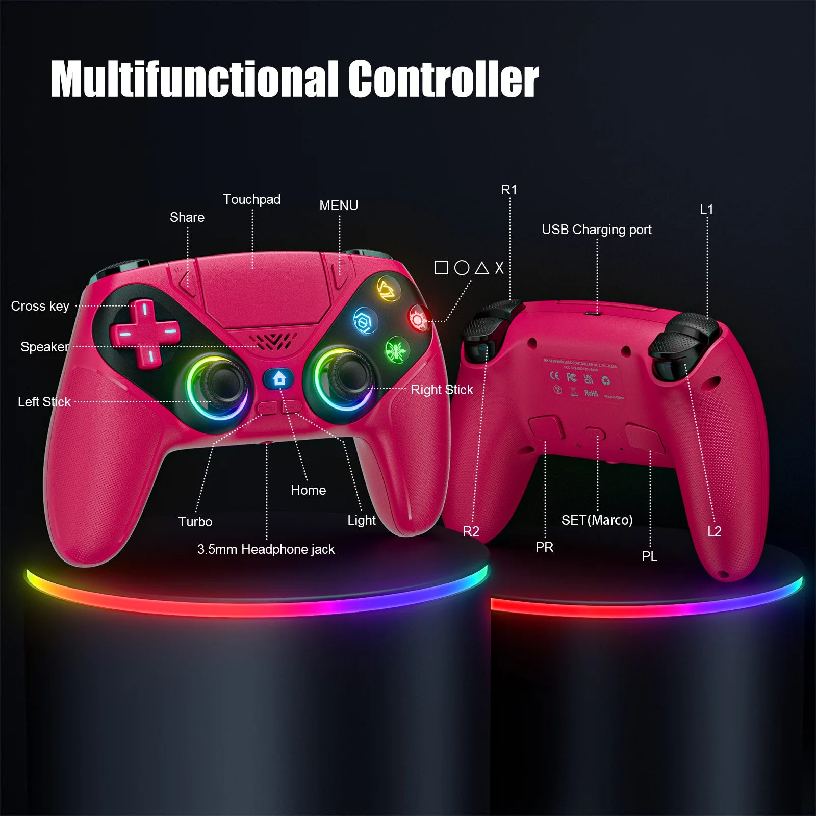 Controller for PS5 PC Game Gamepad Hall Effect Triggers Joystick RGB Turbo Vibration Touch Handle Programmable Button Gamepads
