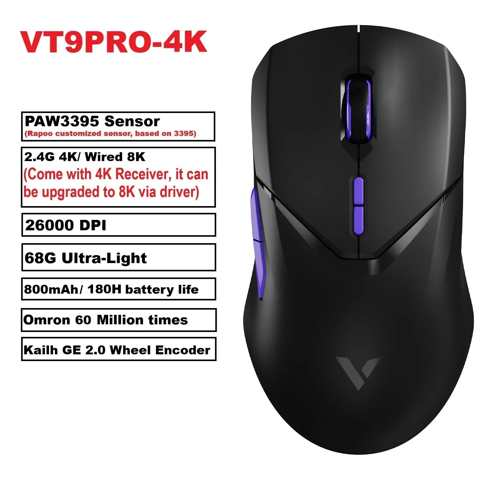 Безжична геймърска мишка Rapoo VT9PRO PAW3398, 26000DPI, 68g, лека, кабелна, безжична мишка, 160H, супер дълъг живот на батерията