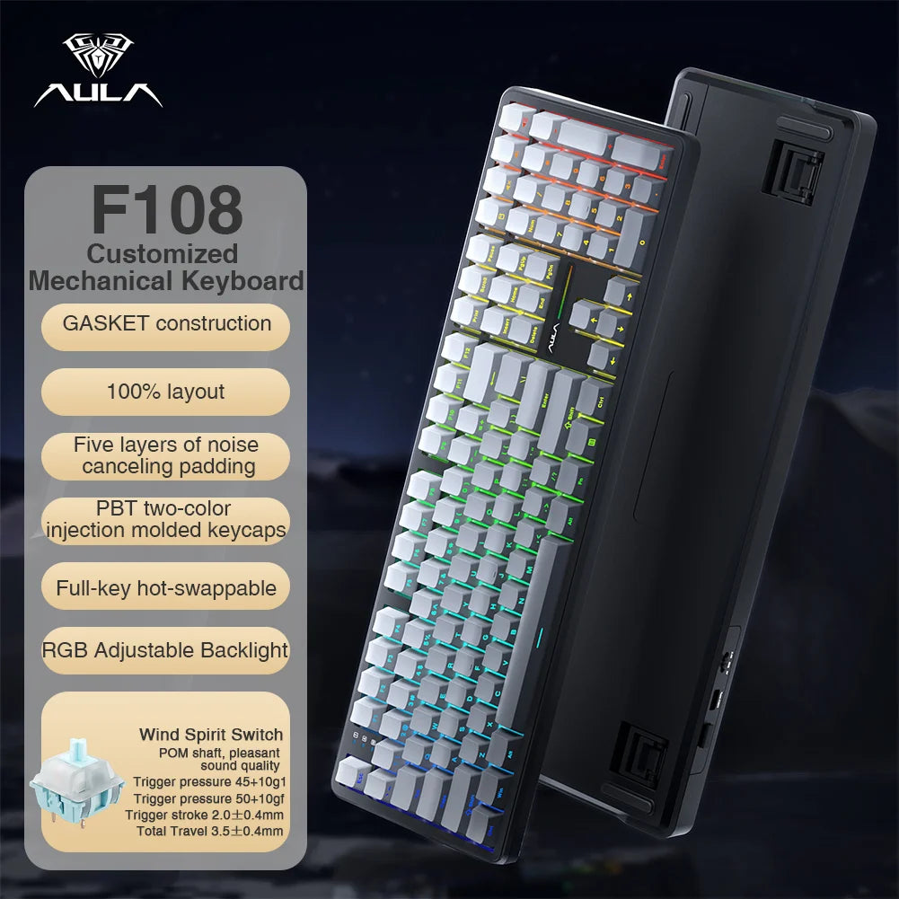 AULA F108 Keyboard 100% Layout 1K Polling Rate Mechanical Gaming Keyboard Hot Swappable Linear Switch with Macro Software