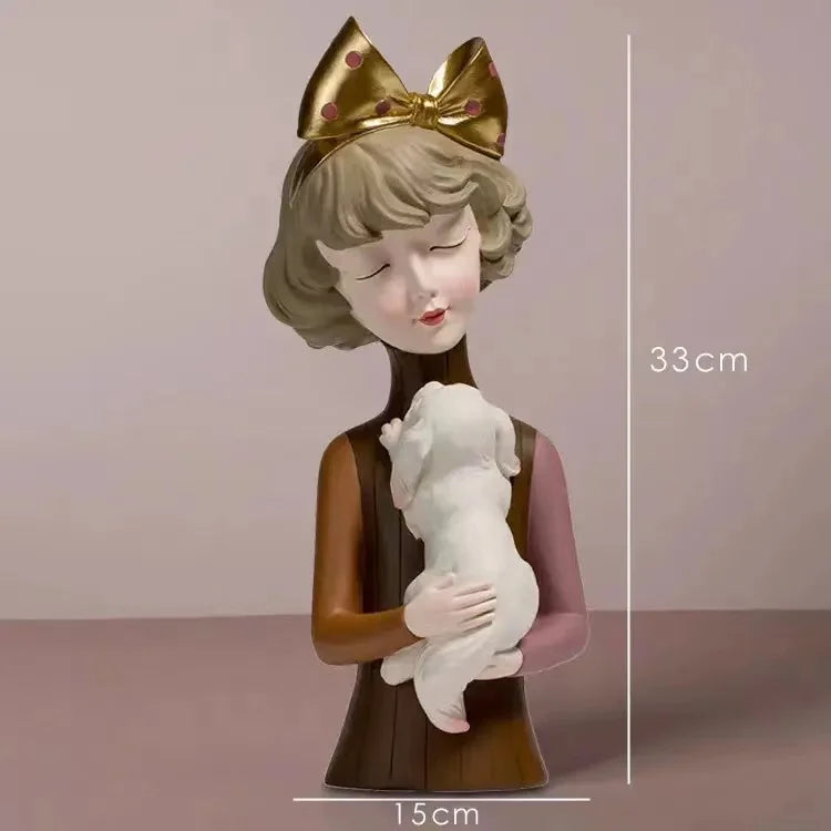 Modern Nordic Bow Girl Hold Cat Hold Dog, Room Decoration Accessories, Dressing Table Crafts, Statue, Sculpture, Birthday Gift