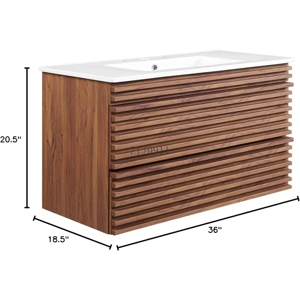 36" Wall-Mount Bathroom Vanity in Walnut White   bathroom vanity cabinet with sink