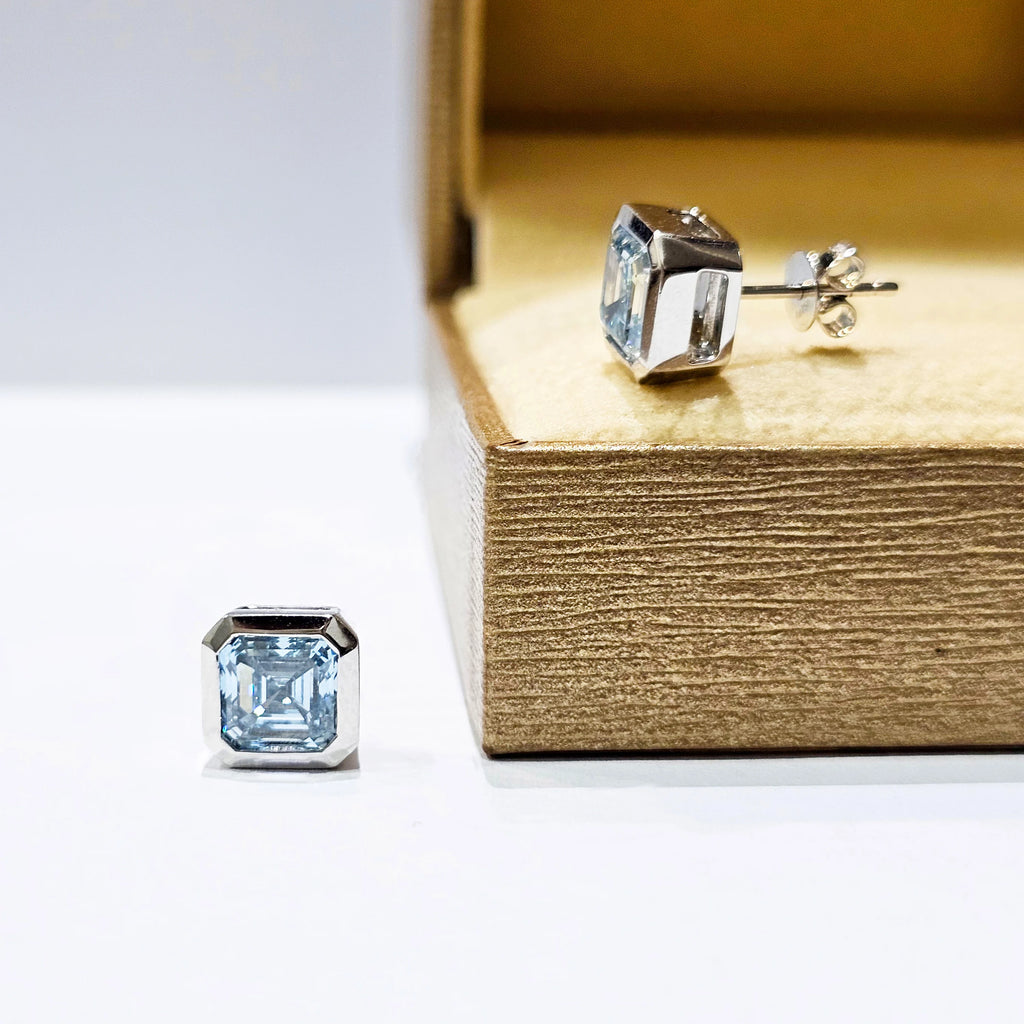 Custom Real Solid 18K White Gold Stud Earrings Women Engagement Anniversary Earrings Asscher Moissanite Diamond Earrings Square