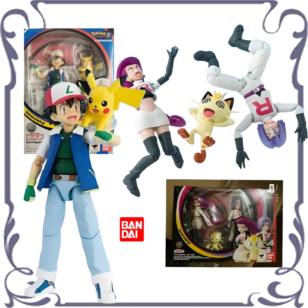100% Bandai SHF POKÉMON SERIES ASH TEAM ROCKET Anime Action Figure Assembly Model Toys Collectible Gift In Stock