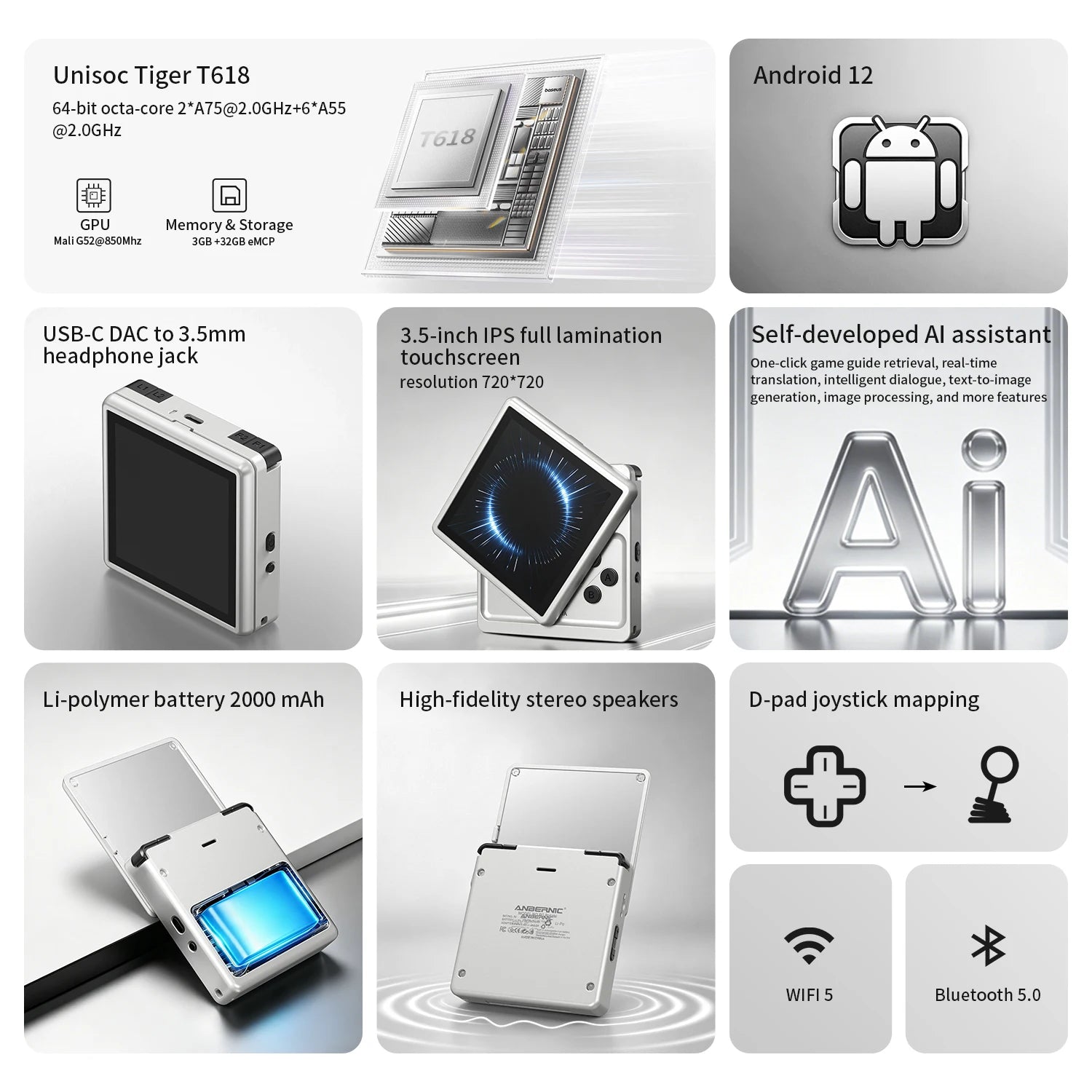 Anbernic RG Rotate Handheld Game Console 3.5" IPS Rotating Screen Android Aluminum Alloy 2000 mAh Retro Portable Games Player AI