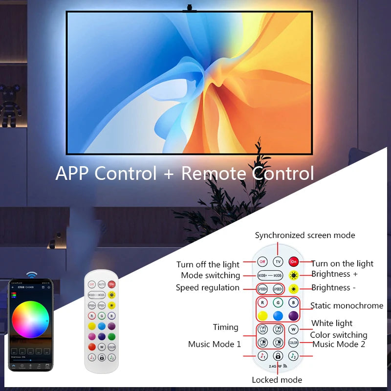 TV SYNC Backlight LED Strip Light USB Flexible Ribbon Diode Tape with RGBIC Color Capture Sensor Bluetooth APP Remote Control