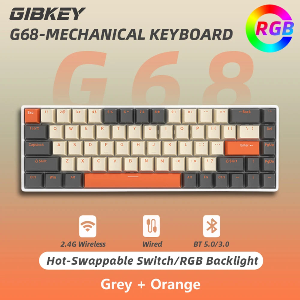 G68 Gaming Mechanical keyboard Wireless/Bluetooth Hot-Swappable 65% Keyboards Customized RGB Backlit for Gamer Tablet Computer