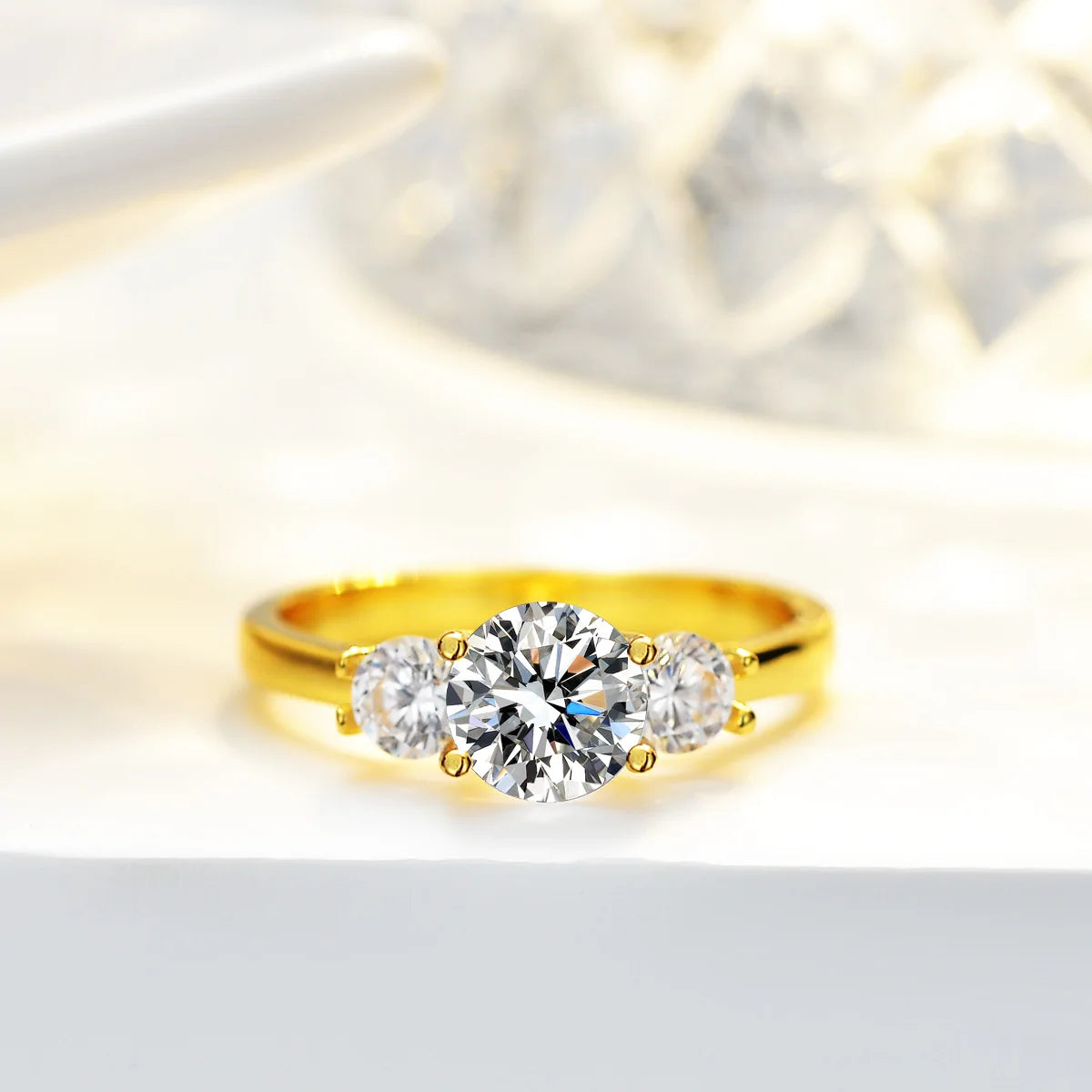 Women's 24K AU999 Gold Ring - 1 Carat 6.5MM Round Moissanite, Elegant Jewelry Piece