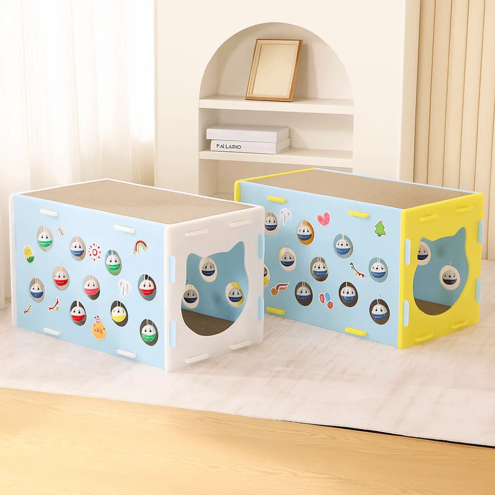 Doppelschichtiges Katzenkratzbetthaus, abnehmbares, verschleißfestes Haustiertunnelnest, doppelte Öffnung mit Bällen, Katzenschlafnest