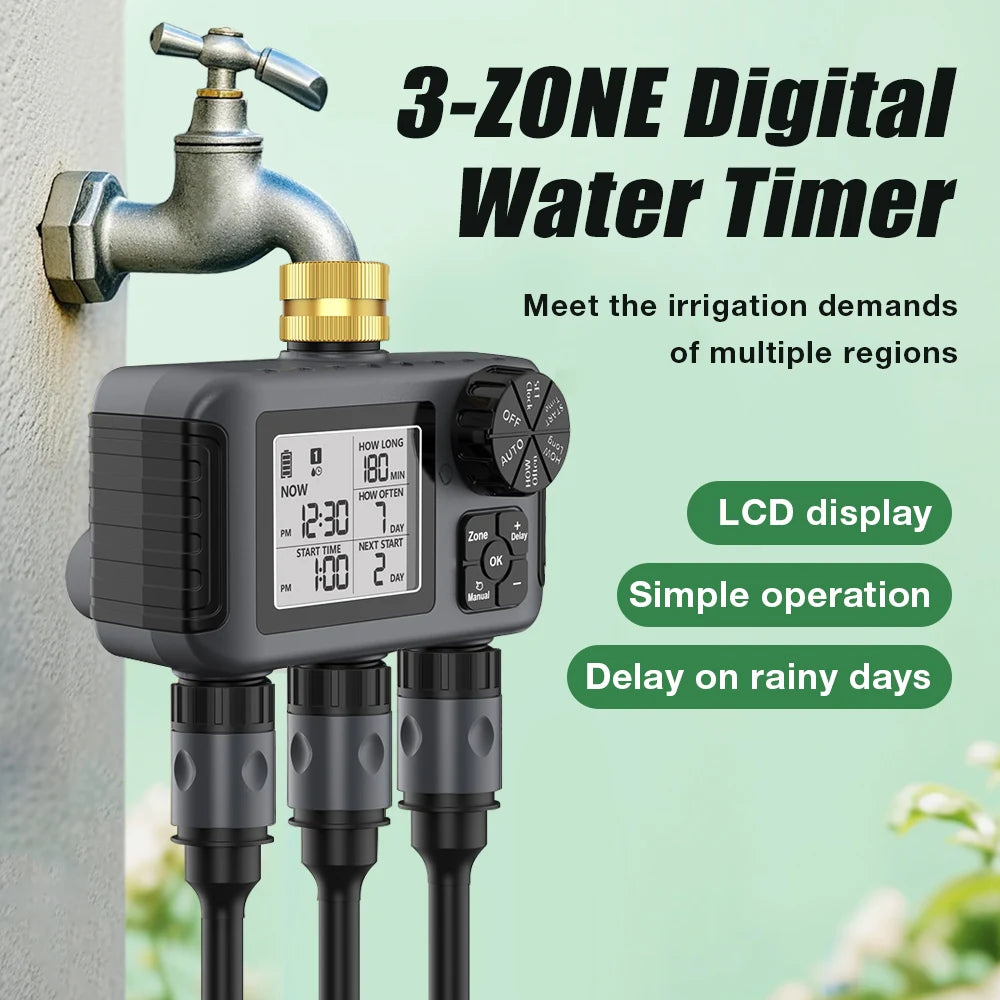 3 Outlets Smart Irrigation Watering System Copper Faucet Hose Sprinkle Automatic Water Timer IPX5 3-Zone Digital Water Timer