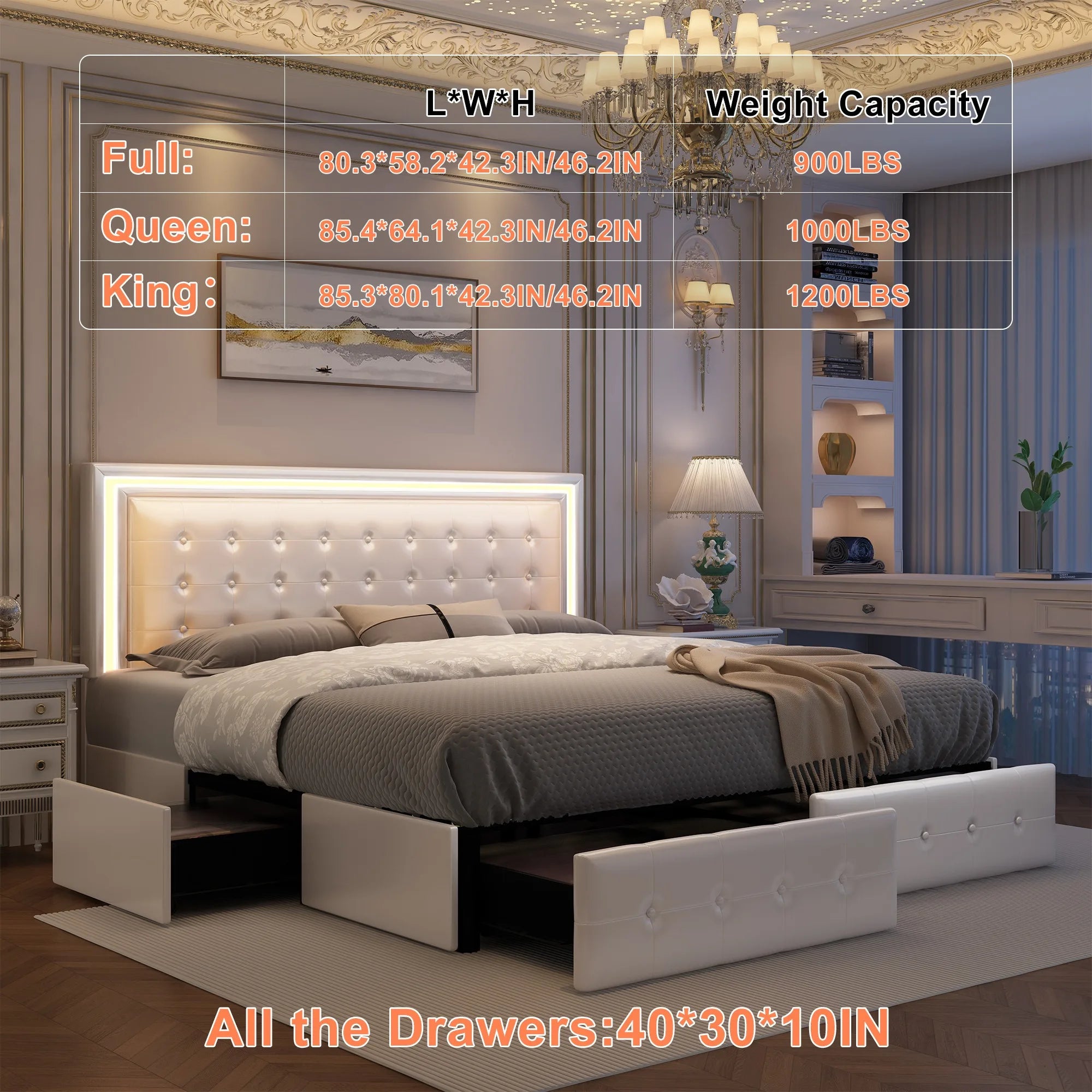 GEGOFORU Queen LED Bed Frame with 4 Storage Drawers, RGBW Headboard, PU Upholstered, No Box Spring Needed, 900 lbs Support