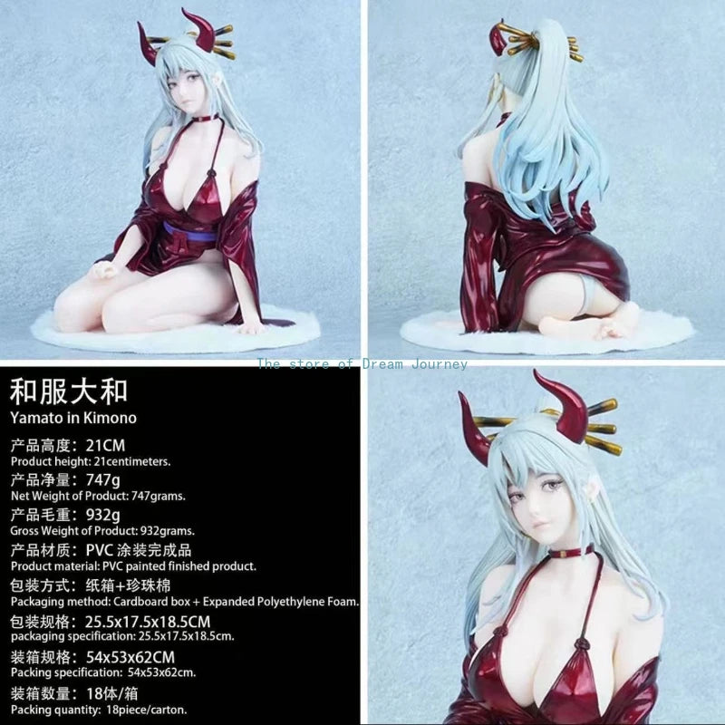 One Piece Kimono Yamato GK Figure, kneeling pose, red kimono with long silver hair, red devil horns on the head