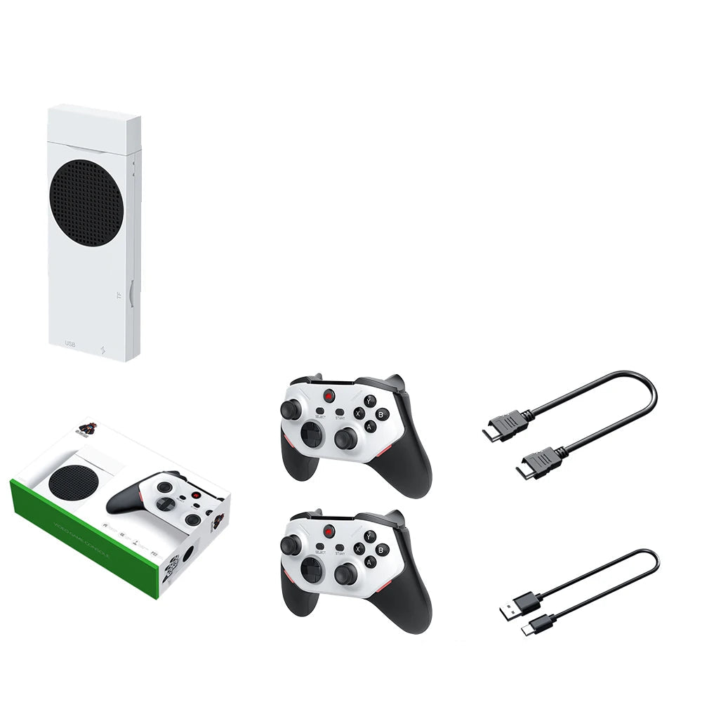 Gaming console with accessories including controllers, HDMI cable, and data line on a white background.