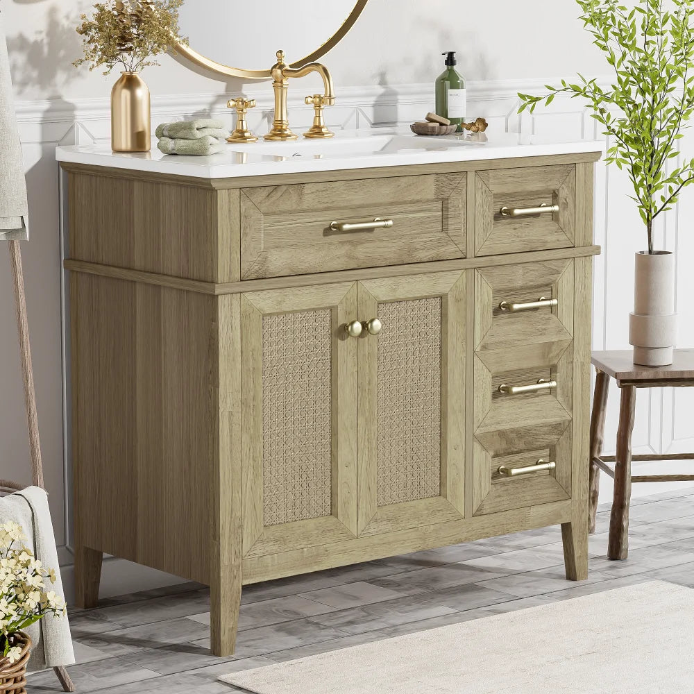 36" Bathroom Vanity with Ceramic Sink, Rubberwood Frame, 2 Soft Close Doors, 1 Flip-Down Drawer, 1 Shallow Drawer, 1 Deep Drawer