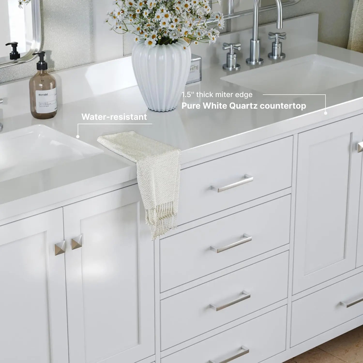 Cambridge White Double Sink Bathroom Vanity 73" with 1.5" Edge Pure White Quartz Countertop & Splash, Rectangle Sink