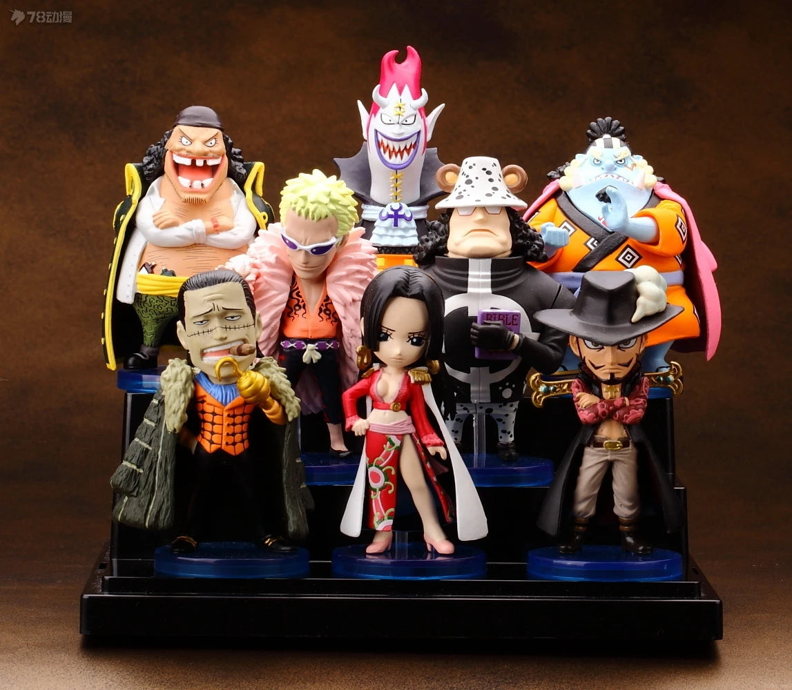 8-teiliges Anime-Figurenset aus One Piece: Oka Shichibukai, Donquixote, Doflamingo, Marshall D. Teach, Dracule, Mihawk und Bartholomew – Modellspielzeug, Geschenk