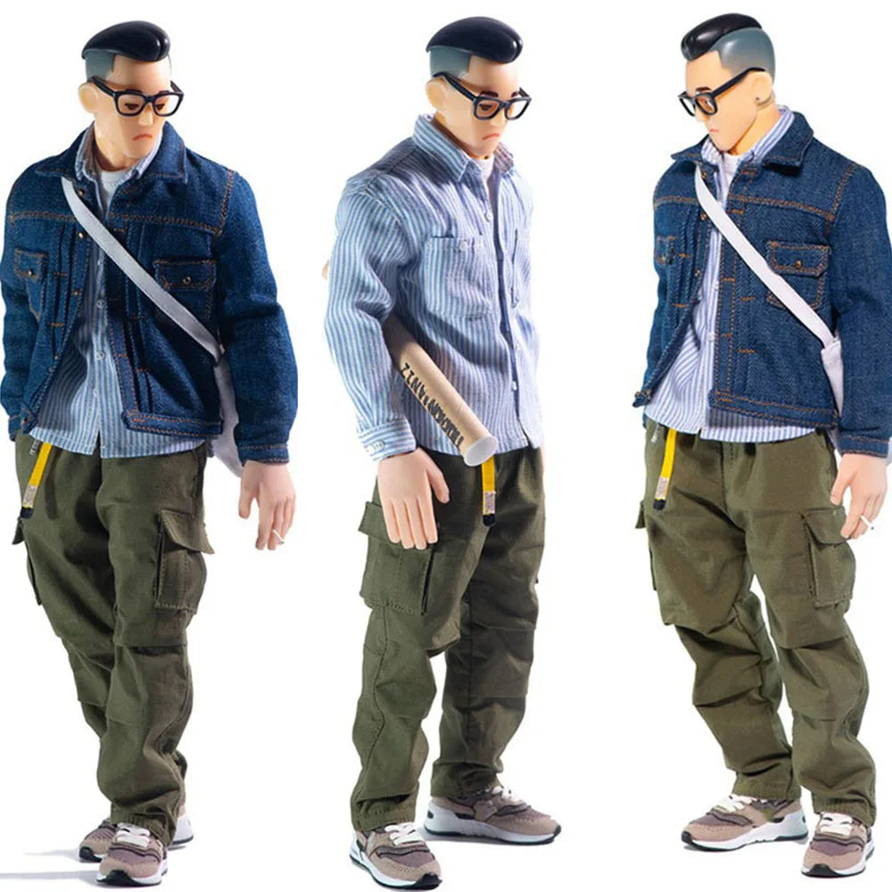 Limited Edition 1/6 Men Soldier Street Trend Blue Cowboy Boy Classic Long Sleeve Denim Coat Striped Shirt 12" Action Figure Toys
