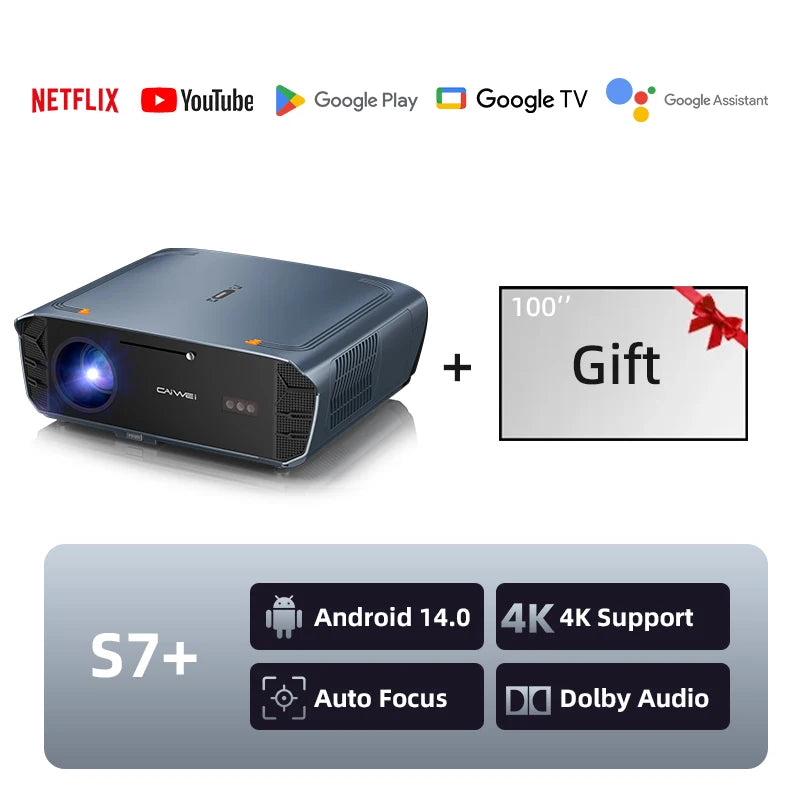 CAIWEI S7+ Android 14 Projector for movies 4k Full HD 1080P 3500 ANSI Google Certified Video Home Theater Projectors with Dolby