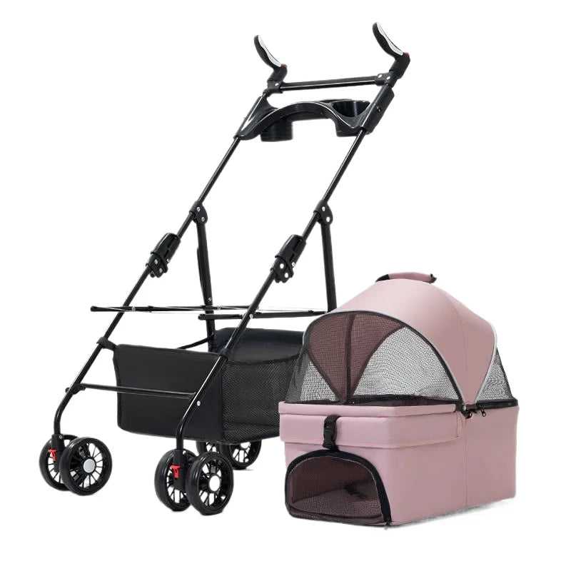3-in-1-Hundebuggy, 4 Räder, zusammenklappbarer Haustierbuggy mit abnehmbarer Trage, atmungsaktive, sichtbare Netz-Reiseträger