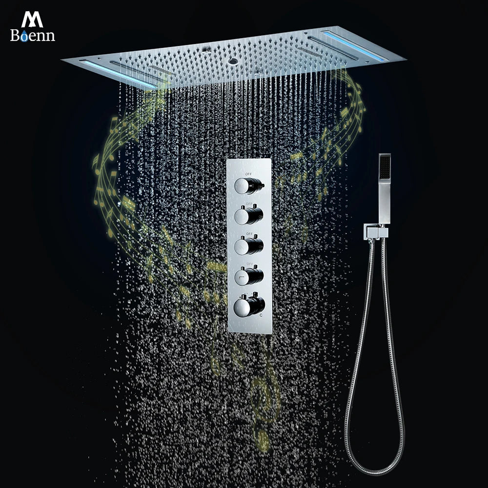 M Boenn 4 Functions Shower System Set Embedded Ceiling 638*338mm LED Shower Head Rainfall Bathroom Faucets Thermostatic Diverter