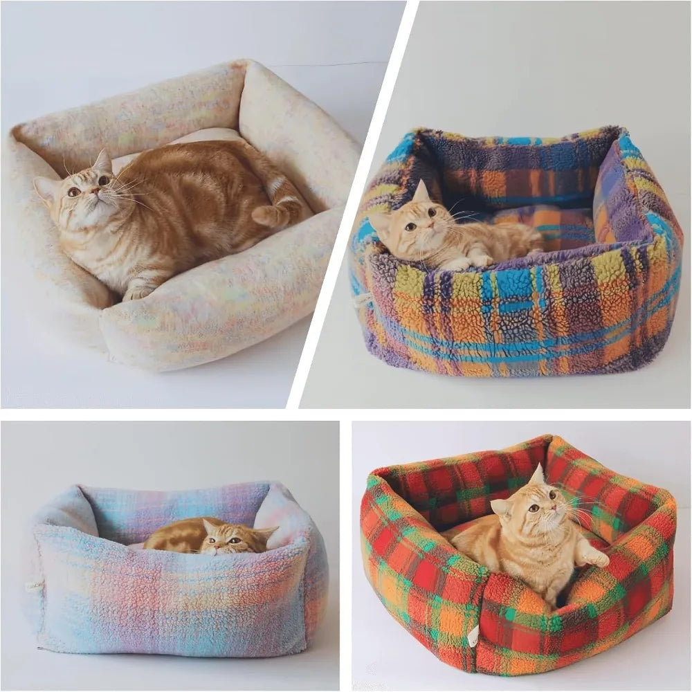"cozy plaid cat and small dog sofa bed with self-warming feature for indoor use"