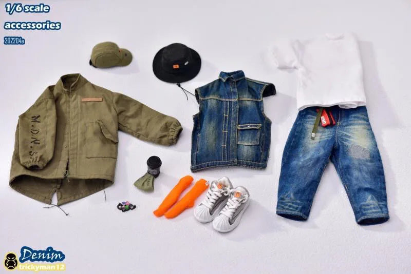 Trickyman12 1/6 Männlicher Soldat Street Trend Hip Hop Jeansjacke Sweatshirt Schuhe Hut Socken Jeans Kleidung für 12" männlicher Körper