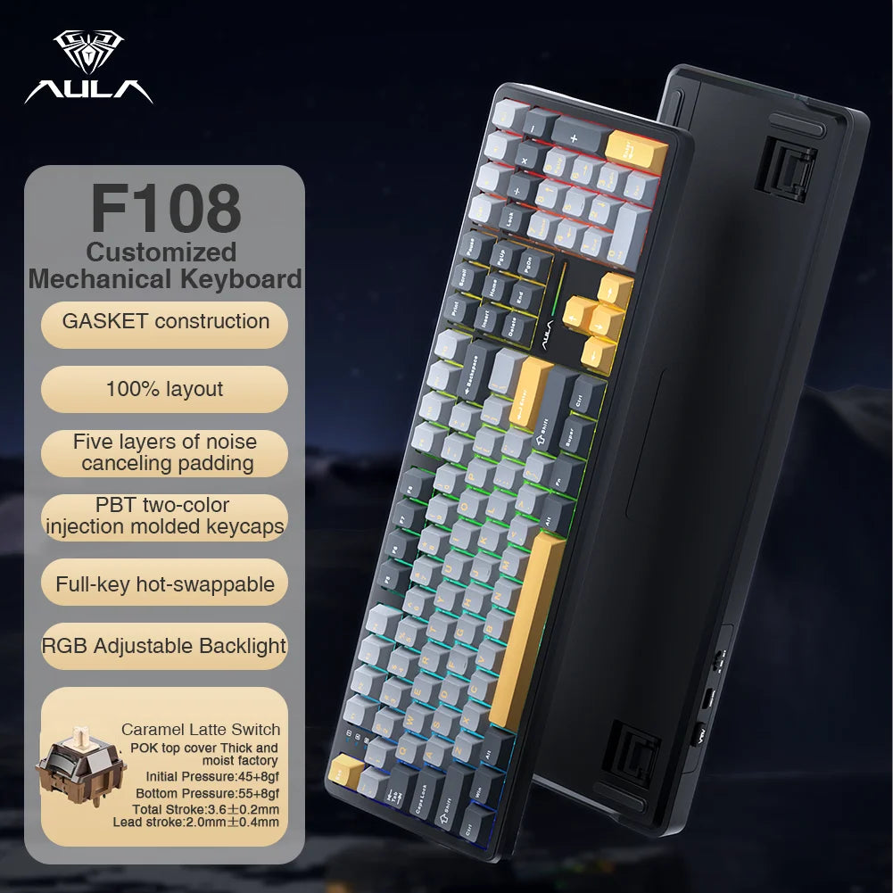 AULA F108-Tastatur, 100 % Layout, 1K-Abfragerate, mechanische Gaming-Tastatur, Hot-Swap-fähiger linearer Schalter mit Makro-Software