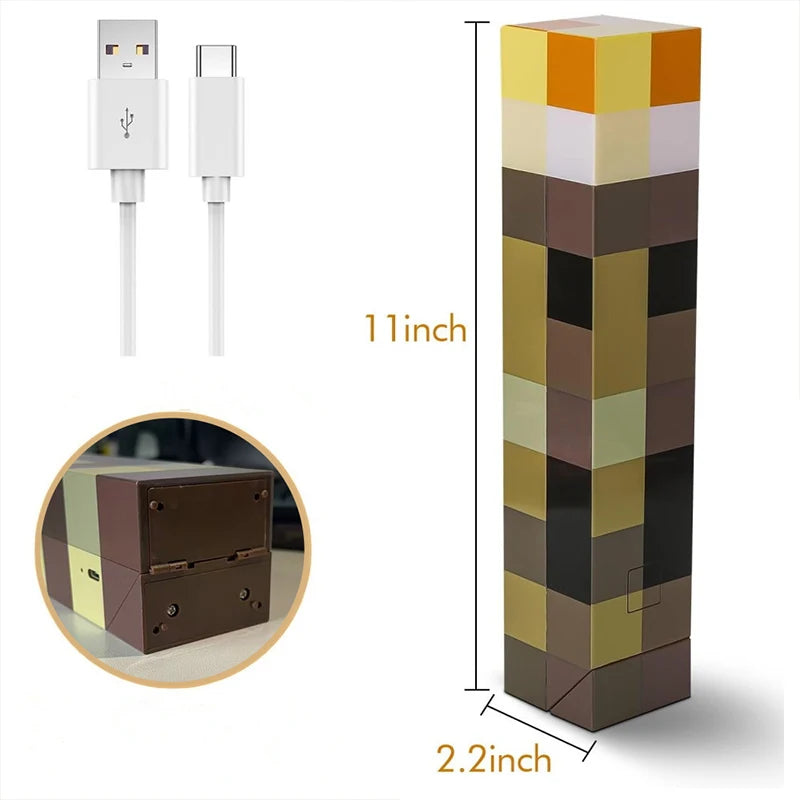 MC Game Brownstone Torch Lamp Figure Colors LED Night Light Bedroom Decorative Table Lamp USB Charging with Buckle Kids Toy Gift