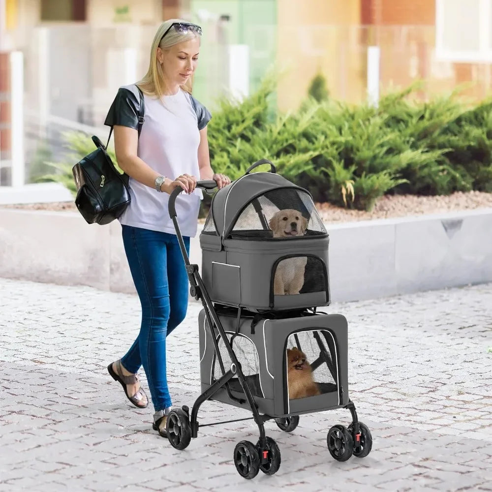 Doppelter Hundebuggy, Abnehmbare Babywanne, Sicherheitsgurt, 4 Feststellbare Räder, Reisebuggy für Haustiere, Faltbarer Katzenbuggy