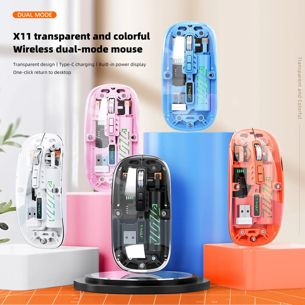 Transparent Wireless Mouse Dual Mode Bluetooth-compatible Rechargeable Mouse Noiseless Cordless Computer Mice Perspective Design