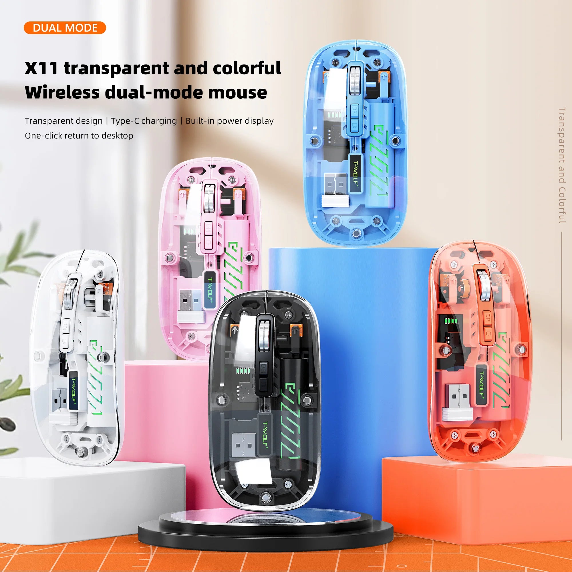 Transparent Wireless Mouse Dual Mode Bluetooth-compatible Rechargeable Mouse Noiseless Cordless Computer Mice Perspective Design