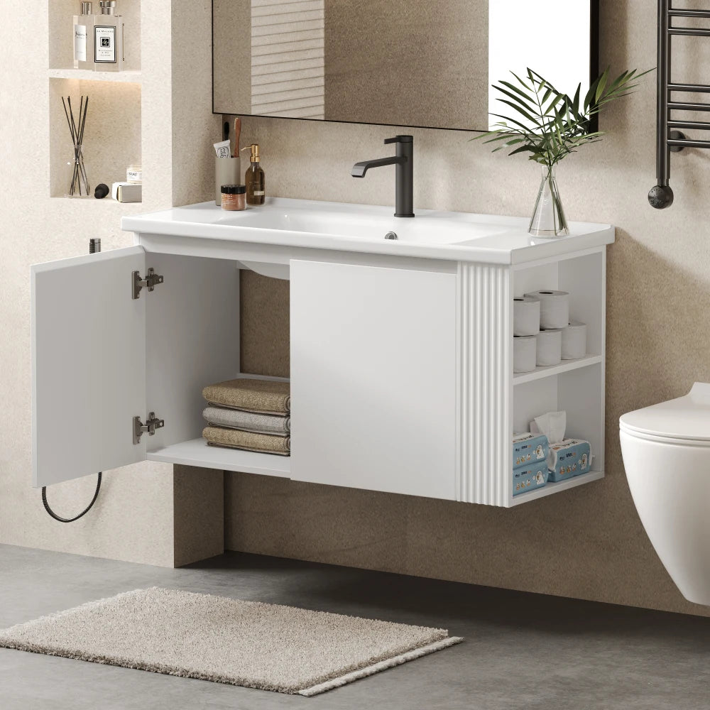 36" Modern Versatile Wall-Mounted Bathroom Vanity with Ceramic Sink, Floating Bathroom Vanity with 45 Degrees Free-Handle