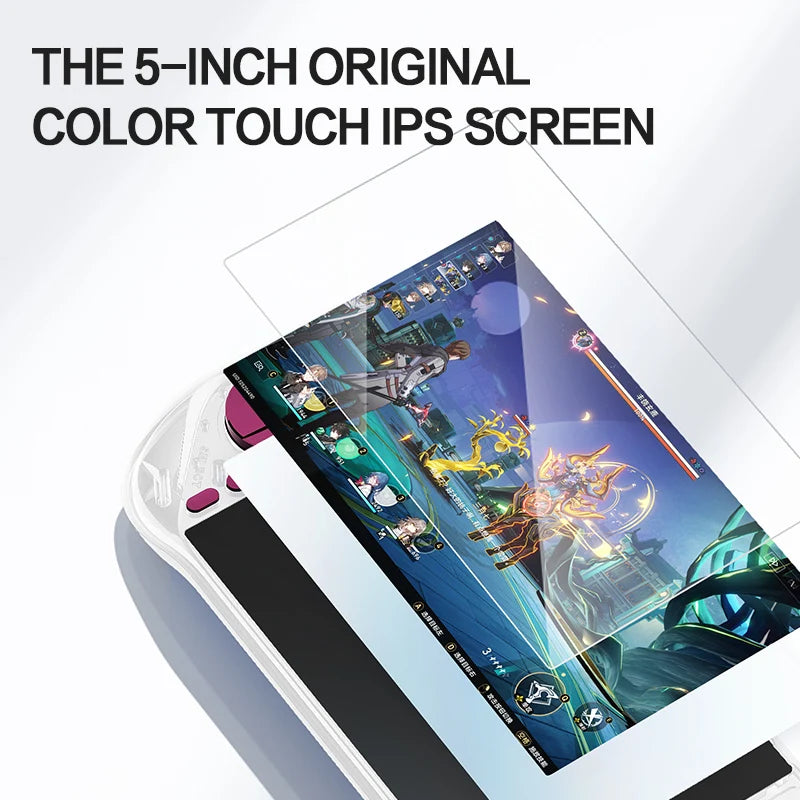 E6MAX Android Handheld-Spielkonsole mit 8-Kern-Prozessor, 64-Bit-Touchscreen, 4+32 GB Speicher, Retro-Design und 5-Zoll-Bildschirm.