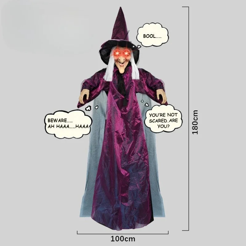 Halloween Life Size Talking Witch Outdoor Purple Spooky Animatronic Witch Decor Prop Halloween Decoration Red Eye Animated Witch