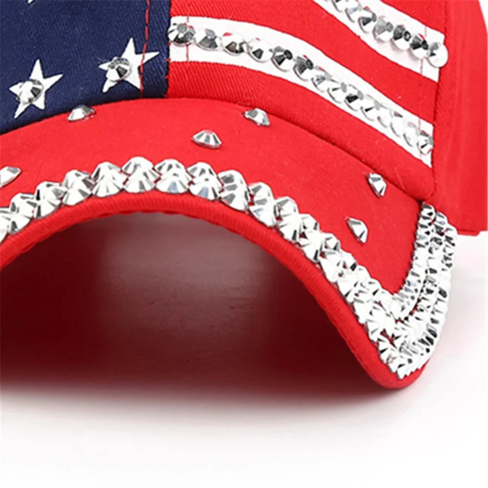 Men Women Baseball Cap USA Flag Diamond Rivet Brand Snapback  Unisex Adjustable Rap Rock Hats Fashion Gorras