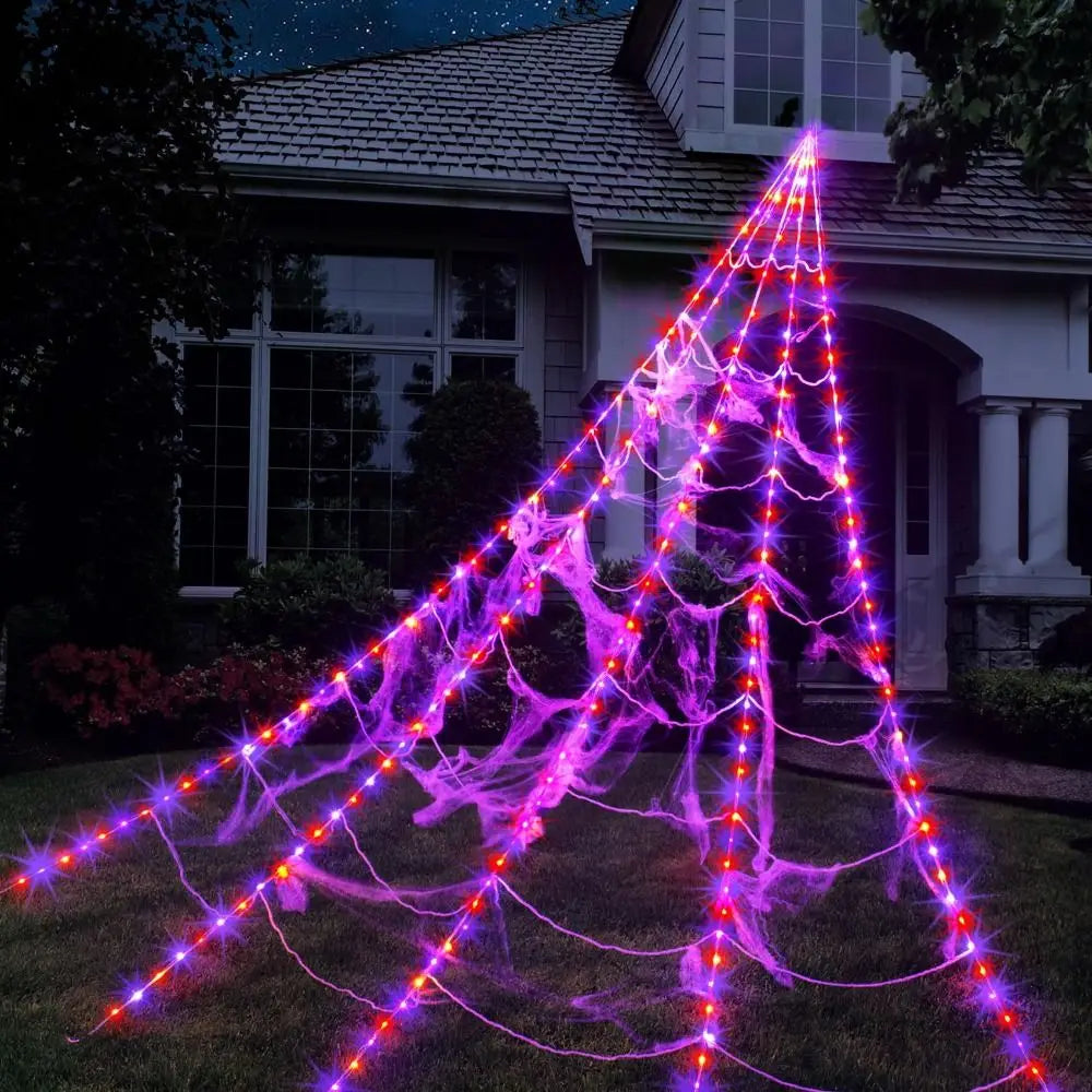 Practical 8 Modes Halloween Spider Web Lights Glow 250 LEDs LED Spider Net Hanging 5m Scary Giant Spider Haunted House