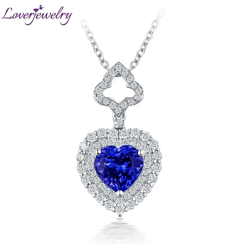 LOVERJEWELRY Mädchen Herz Anhänger Diamanten Natürlicher Blauer Tansanit Anhänger Halskette Ohne Kette Echt 14Kt Weißgold Schmuck