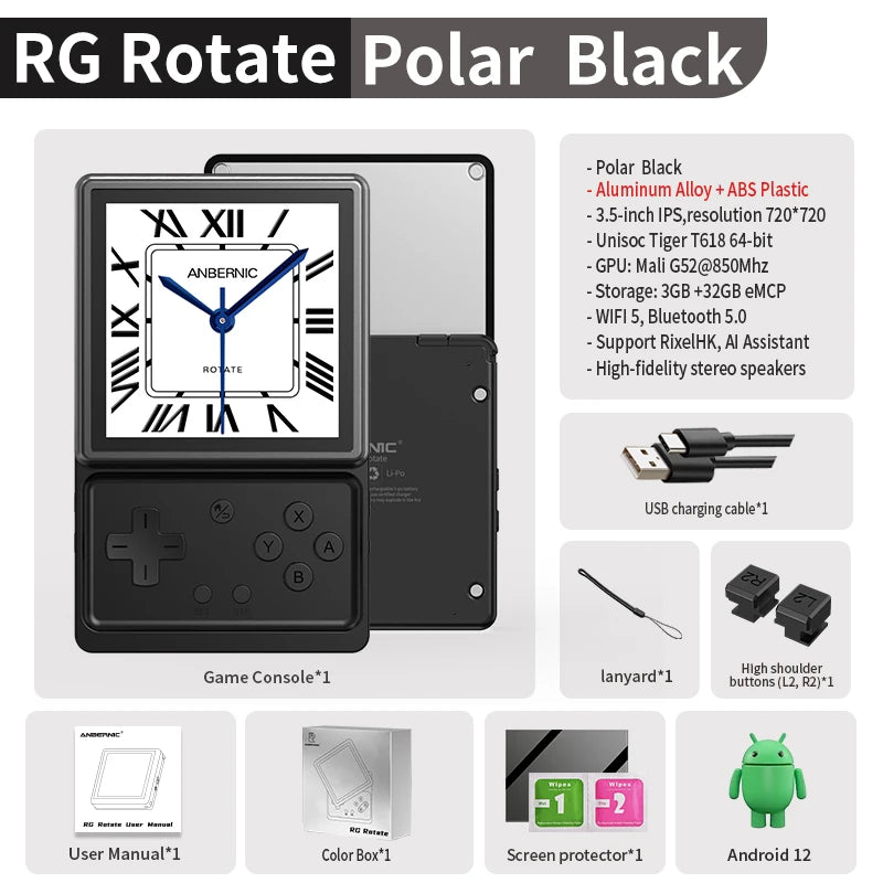Anbernic RG Rotate Handheld Game Console 3.5" IPS Rotating Screen Android Aluminum Alloy 2000 mAh Retro Portable Games Player AI