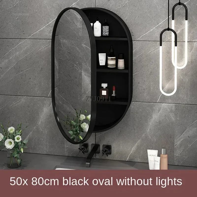 Nordic LED Smart Bathroom Mirror Cabinets Solid Wood Oval Bathroom Wall Hanging Round Vanity Mirrors with Storage Shelf b