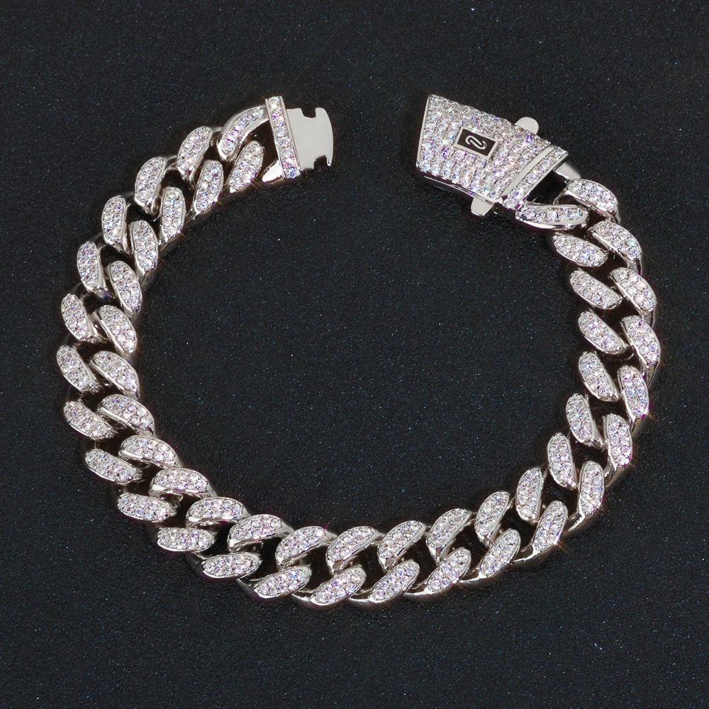 HHIOK Fashion 12mm Iced Monaco Cuban Bracelet Miami Double Row Inlaid Cubic Zirconia Hip-Hop Style For Men And Women