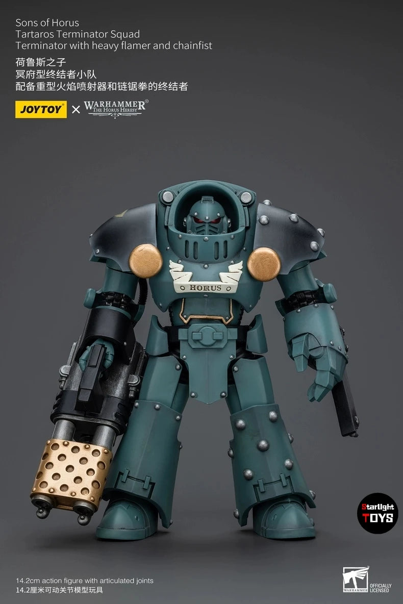 JOYTOY 1/18 Action Figure Warhammer 40K Sons of Horus Tartaros Terminator Squad Heavyflamer and Chainfist Toys Model Gift