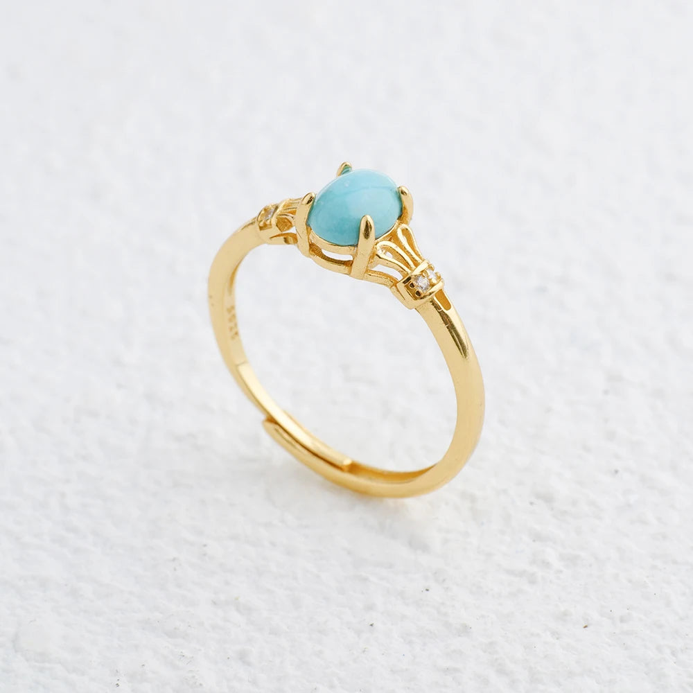 Natürlicher Türkis-Ring, 925er Silber, K vergoldet, verstellbar, stapelbare Bänder, 7 x 5 mm, oval, Dezember-Geburtsstein, Schmuck, Boho-Geschenk